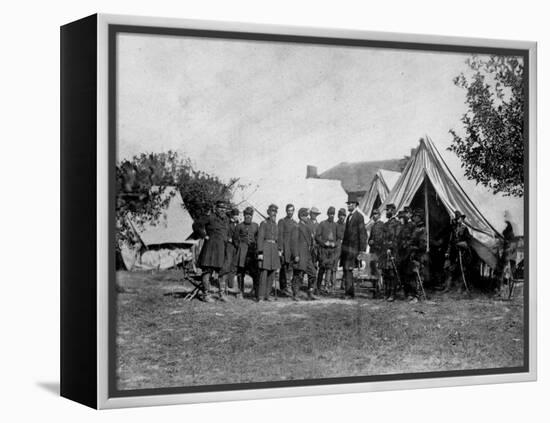 US Pres. Abraham Lincoln Standing on Campsite with Group of Federal Officers on Battlefield-Alexander Gardner-Framed Premier Image Canvas