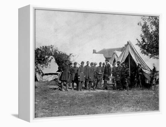 US Pres. Abraham Lincoln Standing on Campsite with Group of Federal Officers on Battlefield-Alexander Gardner-Framed Premier Image Canvas