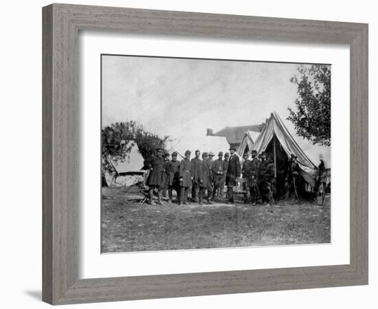 US Pres. Abraham Lincoln Standing on Campsite with Group of Federal Officers on Battlefield-Alexander Gardner-Framed Photographic Print