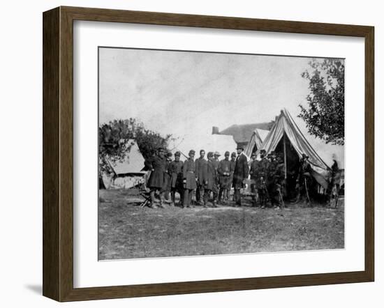US Pres. Abraham Lincoln Standing on Campsite with Group of Federal Officers on Battlefield-Alexander Gardner-Framed Photographic Print