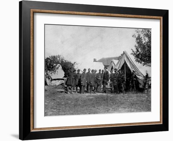 US Pres. Abraham Lincoln Standing on Campsite with Group of Federal Officers on Battlefield-Alexander Gardner-Framed Photographic Print