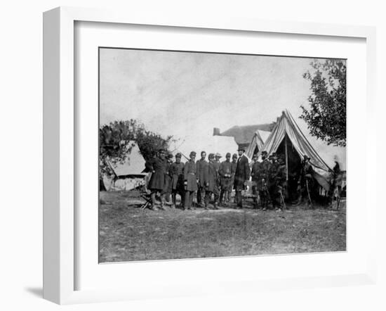 US Pres. Abraham Lincoln Standing on Campsite with Group of Federal Officers on Battlefield-Alexander Gardner-Framed Photographic Print