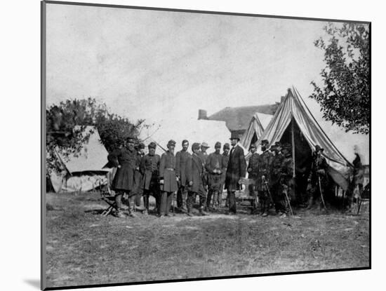 US Pres. Abraham Lincoln Standing on Campsite with Group of Federal Officers on Battlefield-Alexander Gardner-Mounted Photographic Print