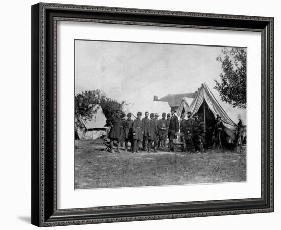 US Pres. Abraham Lincoln Standing on Campsite with Group of Federal Officers on Battlefield-Alexander Gardner-Framed Photographic Print