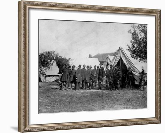 US Pres. Abraham Lincoln Standing on Campsite with Group of Federal Officers on Battlefield-Alexander Gardner-Framed Photographic Print