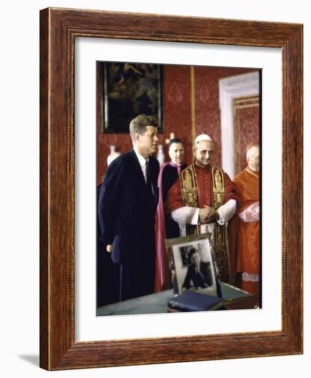 US Pres. Kennedy Meeting with Newly Crowned Pope Paul VI in the Pontiff's Library-John Dominis-Framed Photographic Print