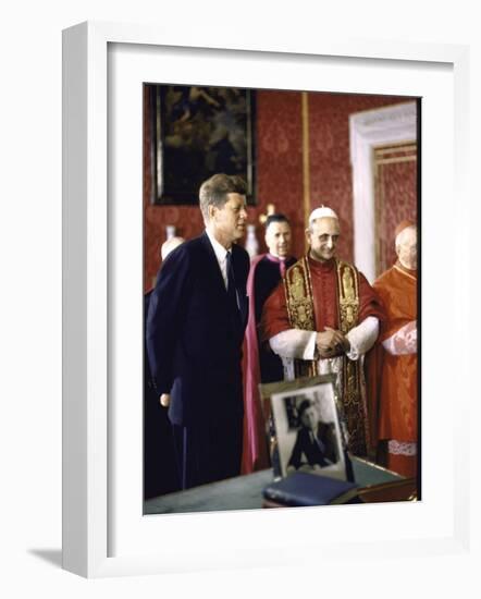 US Pres. Kennedy Meeting with Newly Crowned Pope Paul VI in the Pontiff's Library-John Dominis-Framed Photographic Print