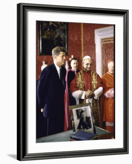 US Pres. Kennedy Meeting with Newly Crowned Pope Paul VI in the Pontiff's Library-John Dominis-Framed Photographic Print