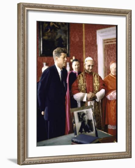 US Pres. Kennedy Meeting with Newly Crowned Pope Paul VI in the Pontiff's Library-John Dominis-Framed Photographic Print