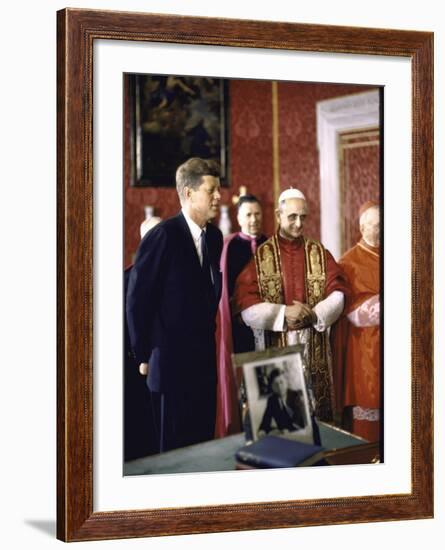 US Pres. Kennedy Meeting with Newly Crowned Pope Paul VI in the Pontiff's Library-John Dominis-Framed Photographic Print