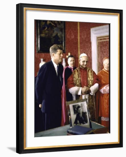 US Pres. Kennedy Meeting with Newly Crowned Pope Paul VI in the Pontiff's Library-John Dominis-Framed Photographic Print