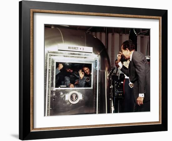 US President Richard Nixon aboard Aircraft Carrier USS Hornet, on July 24, 1969-null-Framed Photographic Print