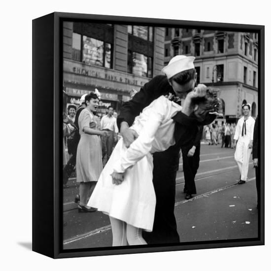 US Sailor Bending Young Nurse over His Arm to Give Her Passionate Kiss in Middle of Times Square-Victor Jorgensen-Framed Premier Image Canvas