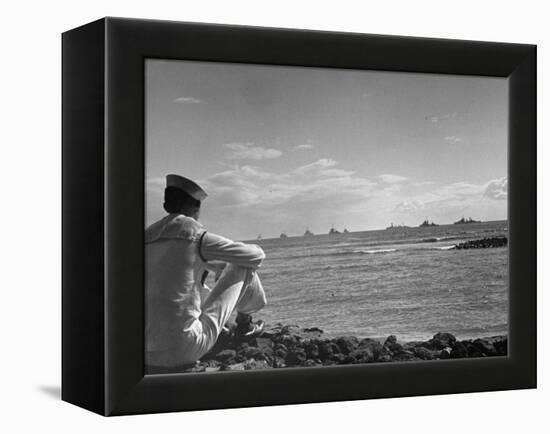 US Sailor Watching Navy Vessels on the Horizon-Carl Mydans-Framed Premier Image Canvas