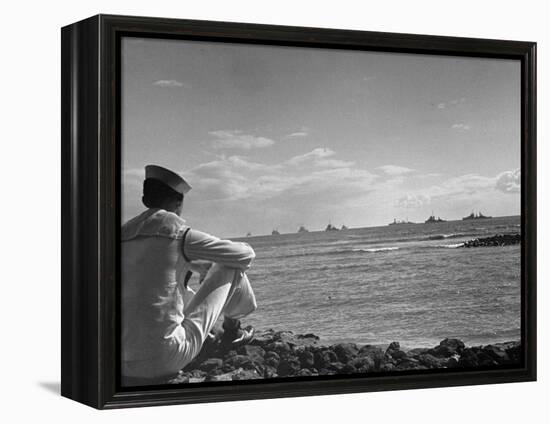 US Sailor Watching Navy Vessels on the Horizon-Carl Mydans-Framed Premier Image Canvas