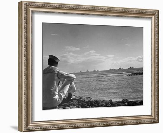 US Sailor Watching Navy Vessels on the Horizon-Carl Mydans-Framed Photographic Print