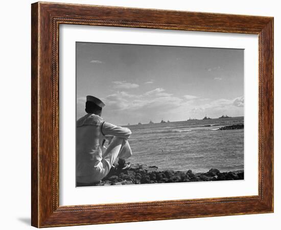 US Sailor Watching Navy Vessels on the Horizon-Carl Mydans-Framed Photographic Print