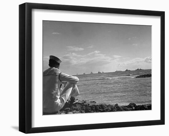 US Sailor Watching Navy Vessels on the Horizon-Carl Mydans-Framed Photographic Print