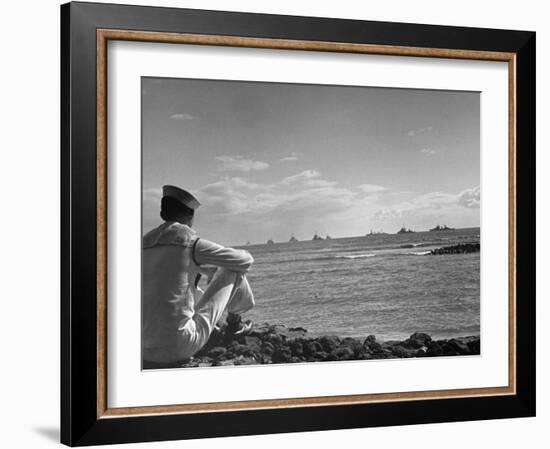 US Sailor Watching Navy Vessels on the Horizon-Carl Mydans-Framed Photographic Print