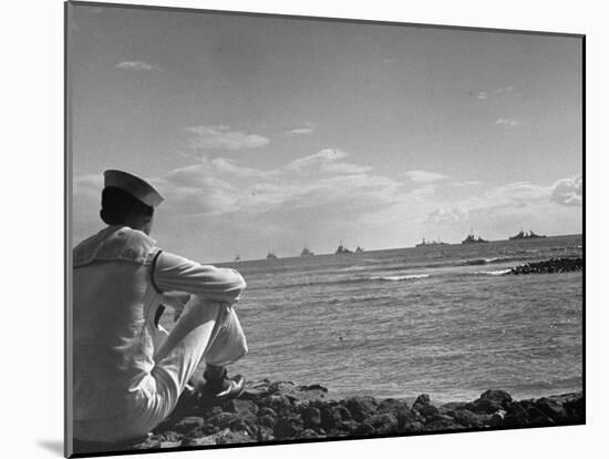 US Sailor Watching Navy Vessels on the Horizon-Carl Mydans-Mounted Photographic Print