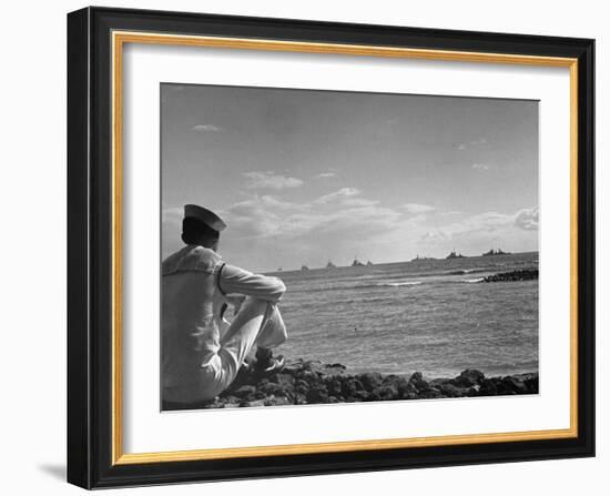 US Sailor Watching Navy Vessels on the Horizon-Carl Mydans-Framed Photographic Print