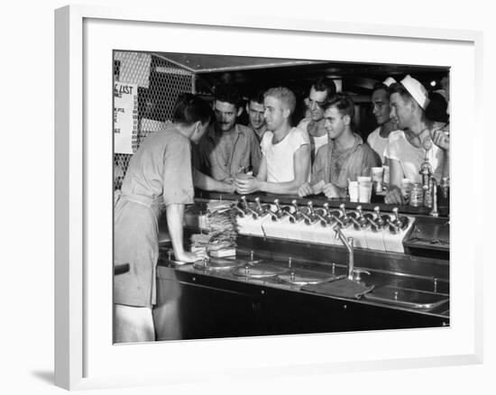 US Sailors Crowding around the Soda Fountain Aboard a Battleship-Carl Mydans-Framed Premium Photographic Print