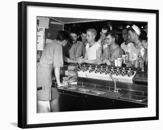 US Sailors Crowding around the Soda Fountain Aboard a Battleship-Carl Mydans-Framed Premium Photographic Print