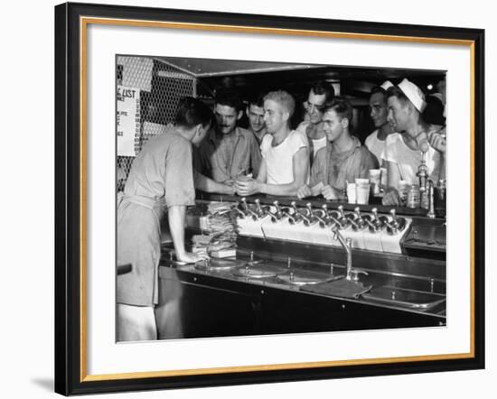 US Sailors Crowding around the Soda Fountain Aboard a Battleship-Carl Mydans-Framed Premium Photographic Print