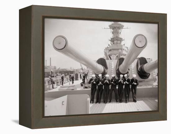 US Sailors Enjoying a Tub of Ice Cream after Their Ship the US Iowa Docks at Portsmouth, July 1955-null-Framed Premier Image Canvas