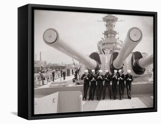 US Sailors Enjoying a Tub of Ice Cream after Their Ship the US Iowa Docks at Portsmouth, July 1955-null-Framed Premier Image Canvas