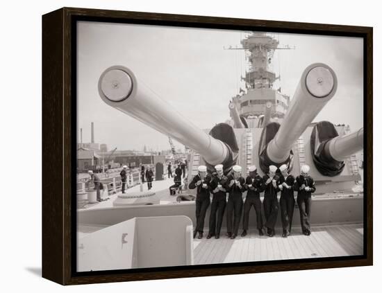 US Sailors Enjoying a Tub of Ice Cream after Their Ship the US Iowa Docks at Portsmouth, July 1955-null-Framed Premier Image Canvas