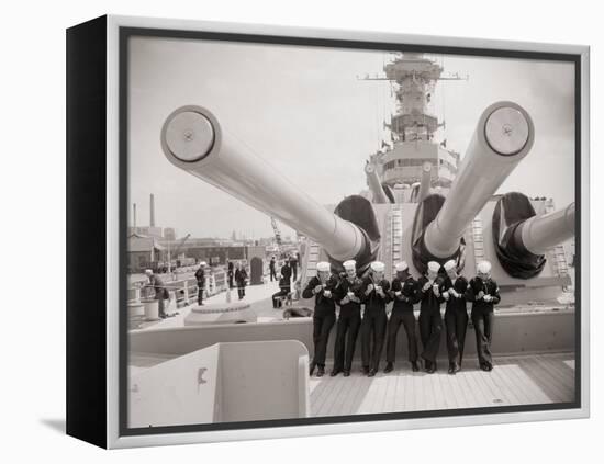 US Sailors Enjoying a Tub of Ice Cream after Their Ship the US Iowa Docks at Portsmouth, July 1955-null-Framed Premier Image Canvas