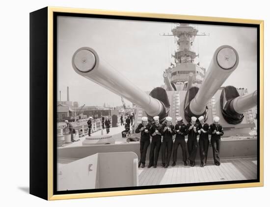 US Sailors Enjoying a Tub of Ice Cream after Their Ship the US Iowa Docks at Portsmouth, July 1955-null-Framed Premier Image Canvas