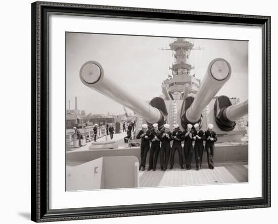 US Sailors Enjoying a Tub of Ice Cream after Their Ship the US Iowa Docks at Portsmouth, July 1955-null-Framed Photographic Print