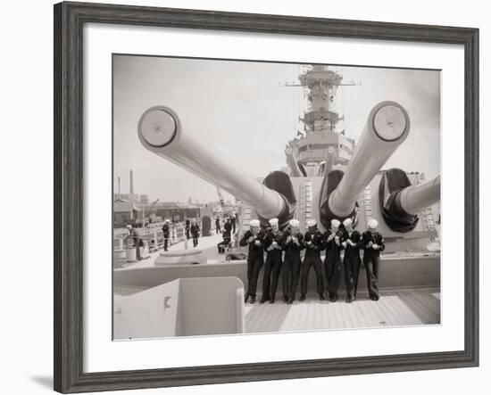 US Sailors Enjoying a Tub of Ice Cream after Their Ship the US Iowa Docks at Portsmouth, July 1955-null-Framed Photographic Print