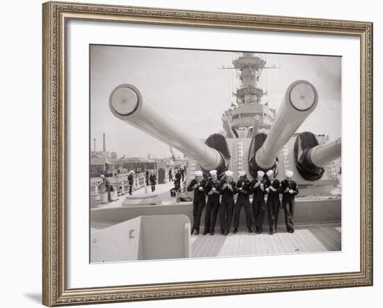 US Sailors Enjoying a Tub of Ice Cream after Their Ship the US Iowa Docks at Portsmouth, July 1955-null-Framed Photographic Print
