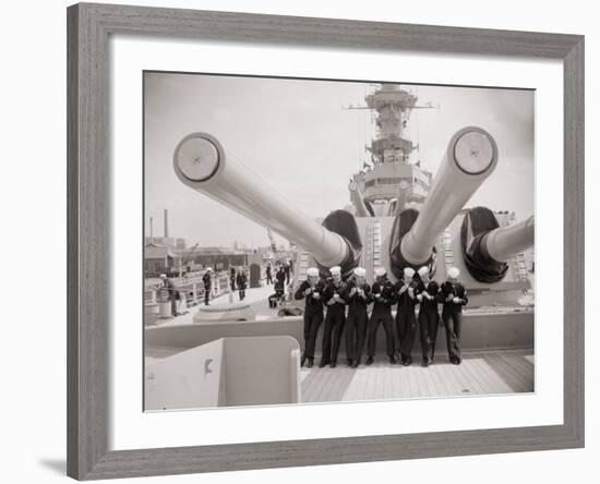 US Sailors Enjoying a Tub of Ice Cream after Their Ship the US Iowa Docks at Portsmouth, July 1955-null-Framed Photographic Print