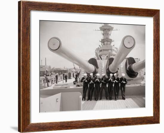 US Sailors Enjoying a Tub of Ice Cream after Their Ship the US Iowa Docks at Portsmouth, July 1955-null-Framed Photographic Print