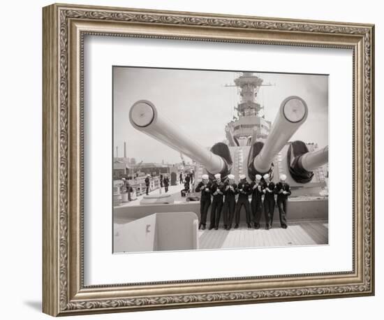 US Sailors Enjoying a Tub of Ice Cream after Their Ship the US Iowa Docks at Portsmouth, July 1955-null-Framed Photographic Print