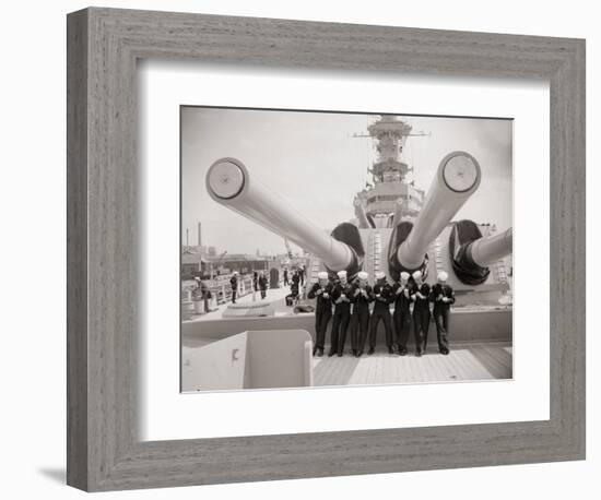 US Sailors Enjoying a Tub of Ice Cream after Their Ship the US Iowa Docks at Portsmouth, July 1955-null-Framed Photographic Print