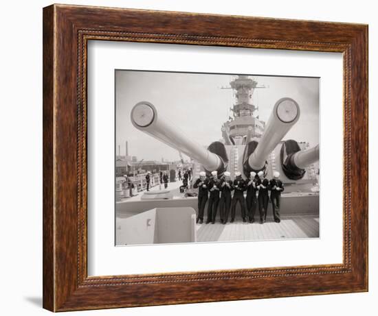 US Sailors Enjoying a Tub of Ice Cream after Their Ship the US Iowa Docks at Portsmouth, July 1955-null-Framed Photographic Print