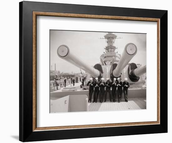 US Sailors Enjoying a Tub of Ice Cream after Their Ship the US Iowa Docks at Portsmouth, July 1955-null-Framed Photographic Print