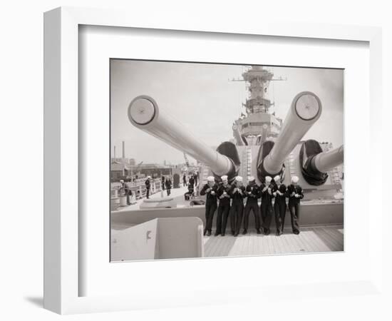 US Sailors Enjoying a Tub of Ice Cream after Their Ship the US Iowa Docks at Portsmouth, July 1955-null-Framed Photographic Print