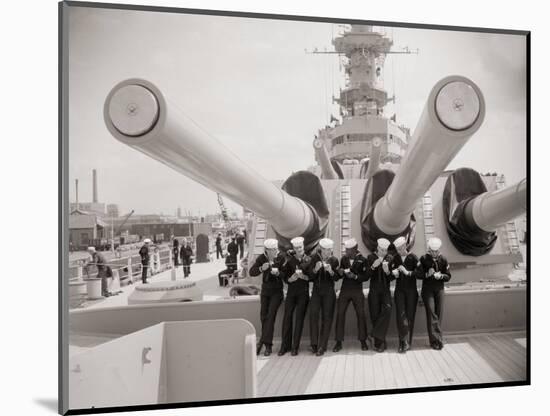 US Sailors Enjoying a Tub of Ice Cream after Their Ship the US Iowa Docks at Portsmouth, July 1955-null-Mounted Photographic Print