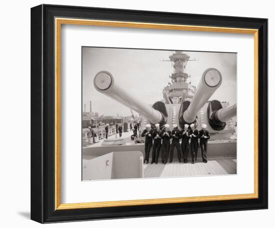 US Sailors Enjoying a Tub of Ice Cream after Their Ship the US Iowa Docks at Portsmouth, July 1955-null-Framed Photographic Print