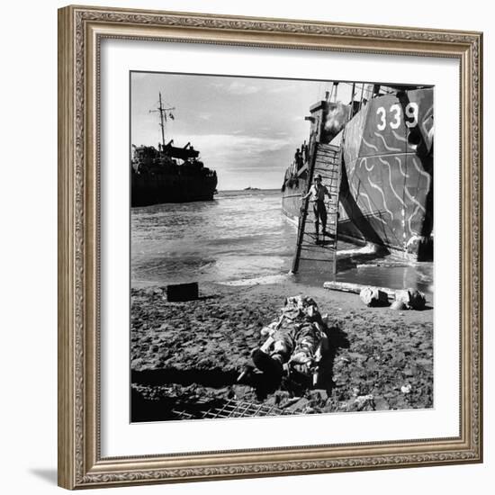 US Soldier Descending Towards Australian Serviceman Killed by Japanese Air Raid Attacks-Myron Davis-Framed Photographic Print