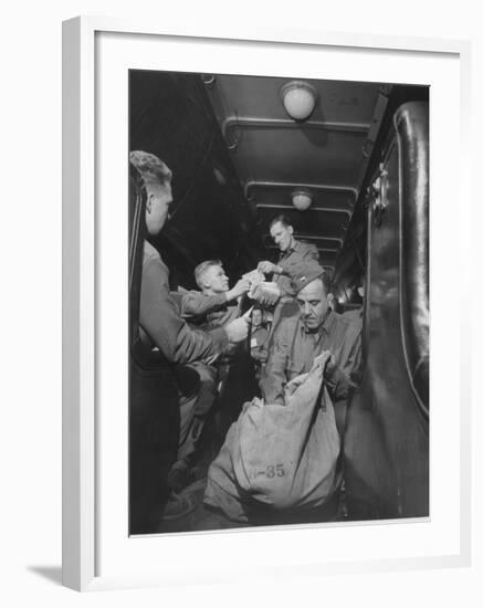 US Soldiers Getting Mail While Riding on a Troop Train-null-Framed Photographic Print