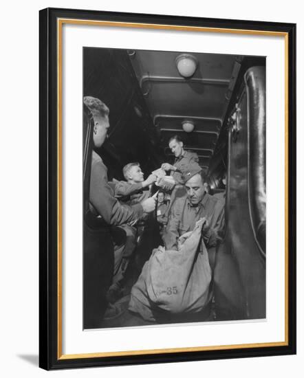 US Soldiers Getting Mail While Riding on a Troop Train-null-Framed Photographic Print