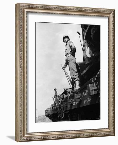 US Soldiers Standing Guard on a Troop Train-Myron Davis-Framed Photographic Print