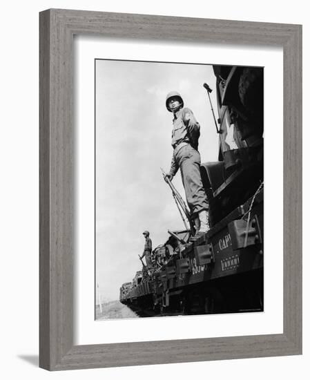 US Soldiers Standing Guard on a Troop Train-Myron Davis-Framed Photographic Print